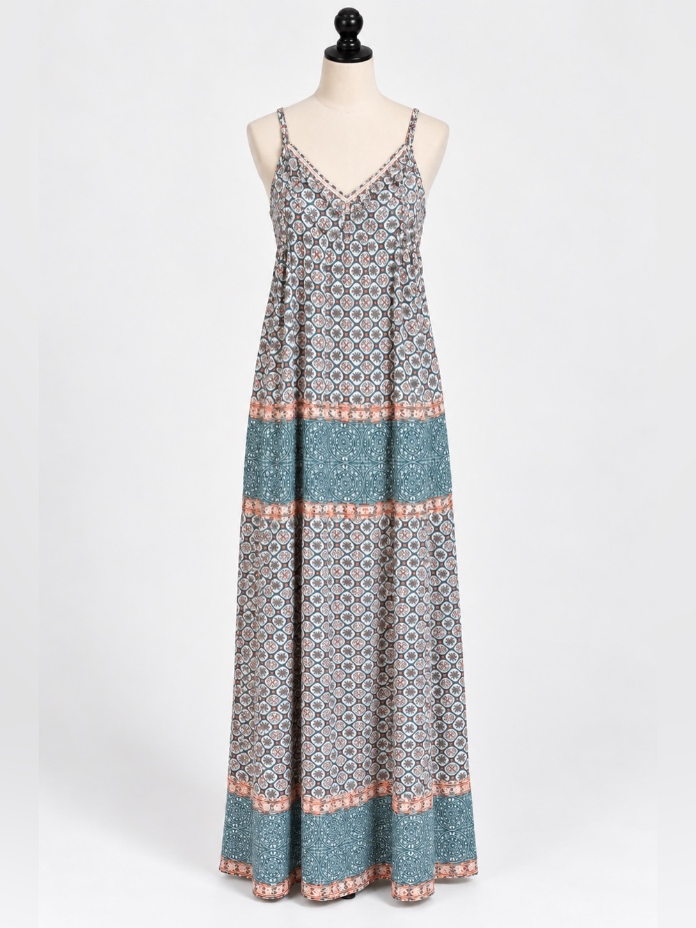 Knox Rose Teal and Peach Printed V-Neck Maxi Dress